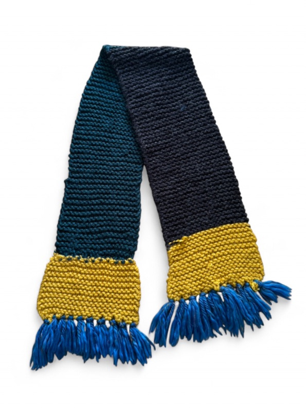 Vintage Hand-Knit Colorblock Scarf in Teal, Charcoal & Mustard with Blue Fringe